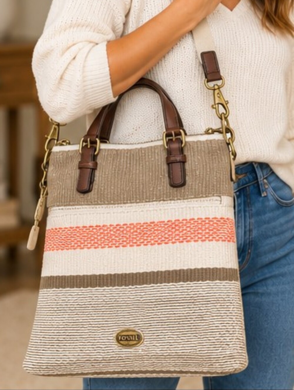 Fossil Woven Stripe Crossbody Shoulder Bag Leather Trim Large